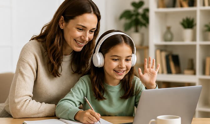 Adult and child at table using laptop, child wearing headphones and waving with pencil in hand, bookshelves in background.
